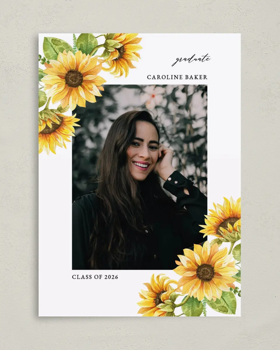 This is a 5" x 7" Graduation Announcement Card called Sunflower Student printed in full color on Premium Smooth paper