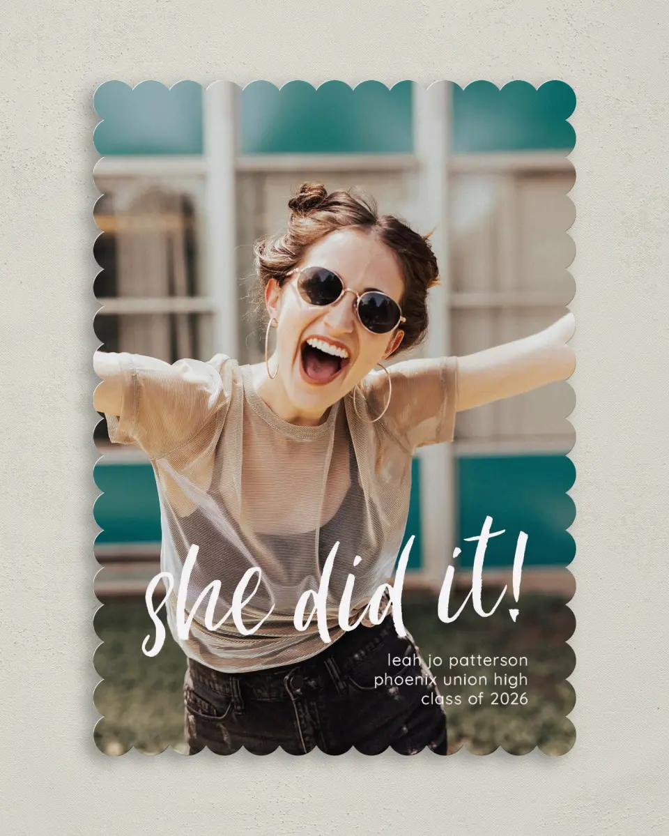This is a 5" x 7" Graduation Announcement Card called She did it! printed in full color on Premium Smooth paper