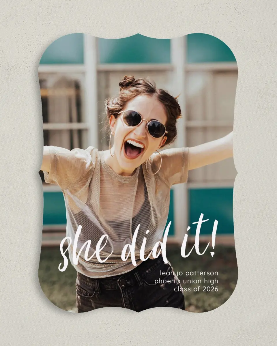 This is a 5" x 7" Graduation Announcement Card called She did it! printed in full color on Premium Smooth paper