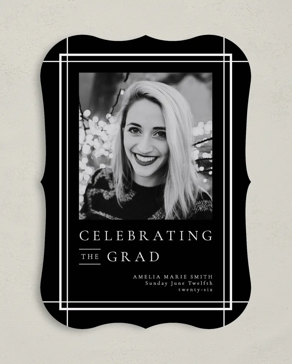 This is a 5" x 7" Graduation Announcement Card called Modern Celebration printed in full color on Premium Smooth paper