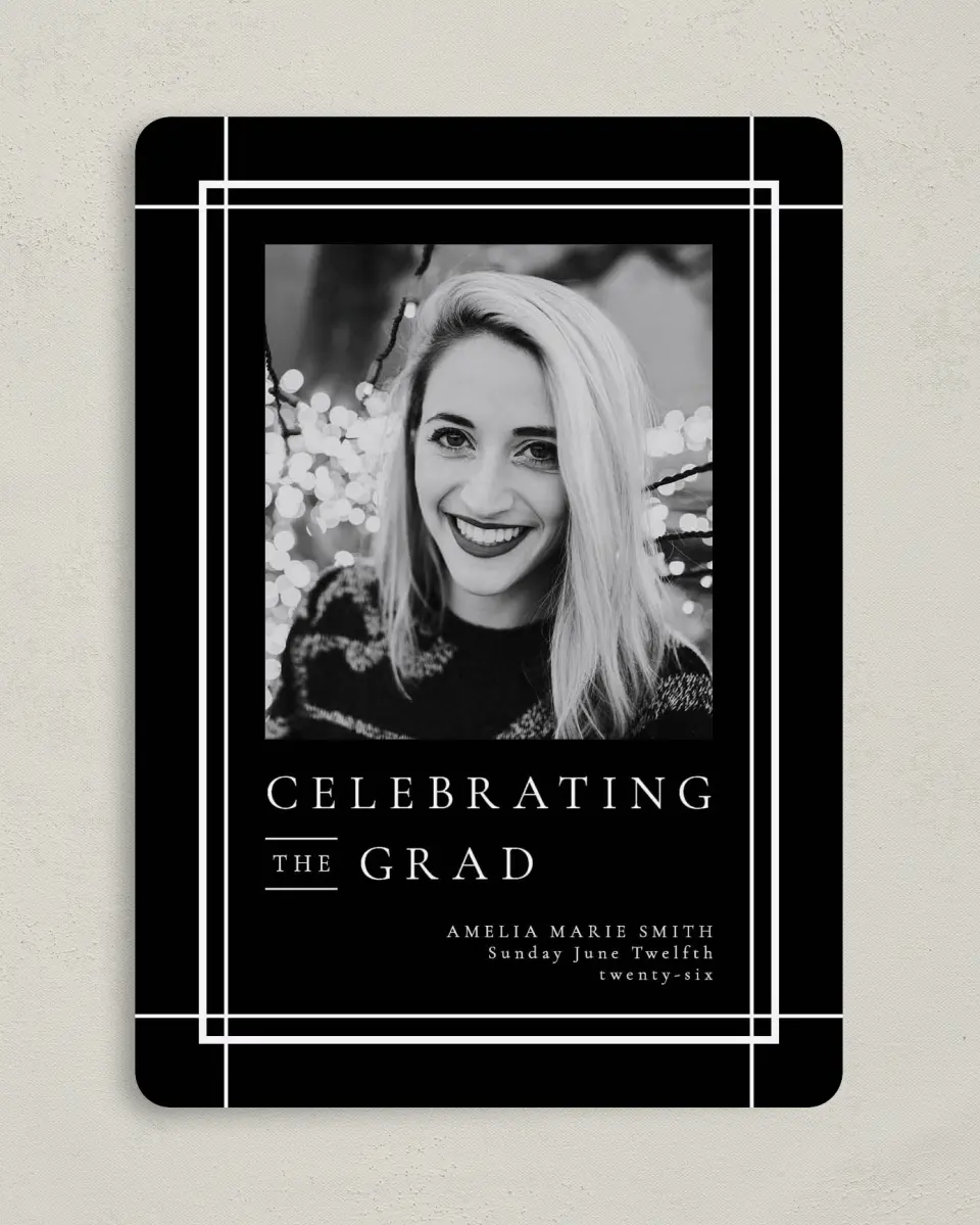 This is a 5" x 7" Graduation Announcement Card called Modern Celebration printed in full color on Premium Smooth paper