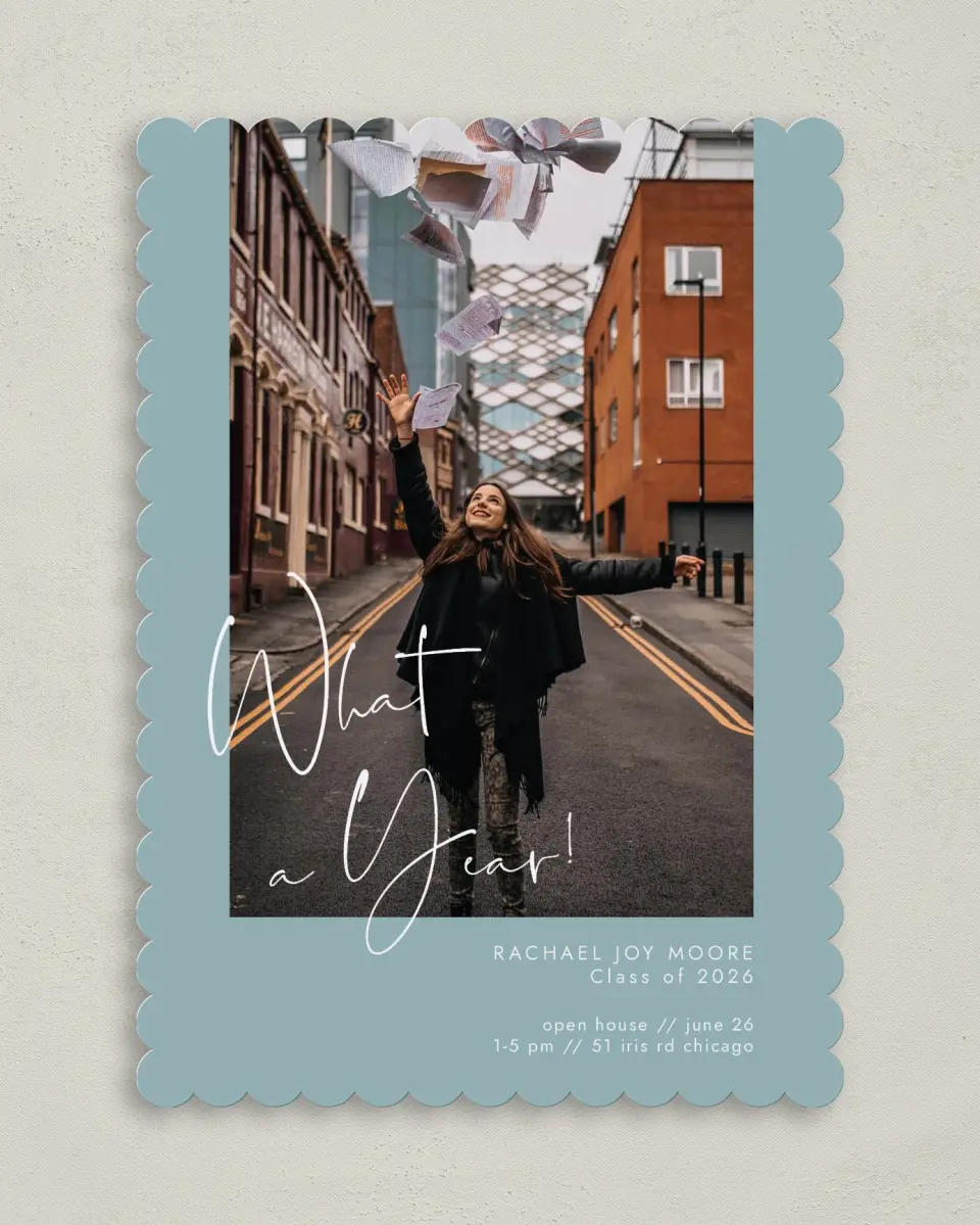 This is a 5" x 7" Graduation Announcement Card called Yearly Proclaim printed in full color on Premium Smooth paper