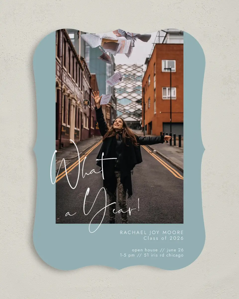 This is a 5" x 7" Graduation Announcement Card called Yearly Proclaim printed in full color on Premium Smooth paper