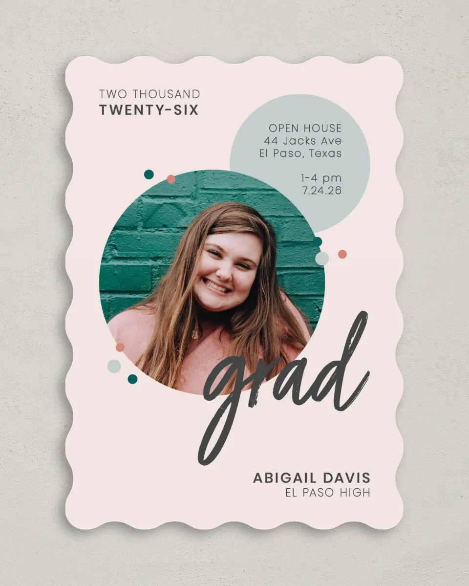 This is a 5" x 7" Graduation Announcement Card called Class Ring printed in full color with Rose Gold foil on Luxe Satin (coated) paper