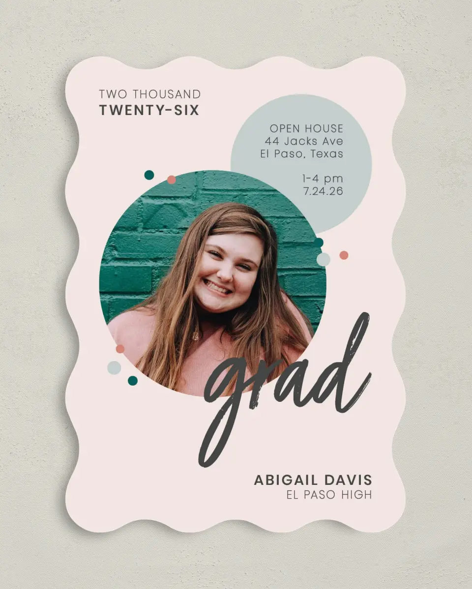 This is a 5" x 7" Graduation Announcement Card called Class Ring printed in full color on Premium Smooth paper