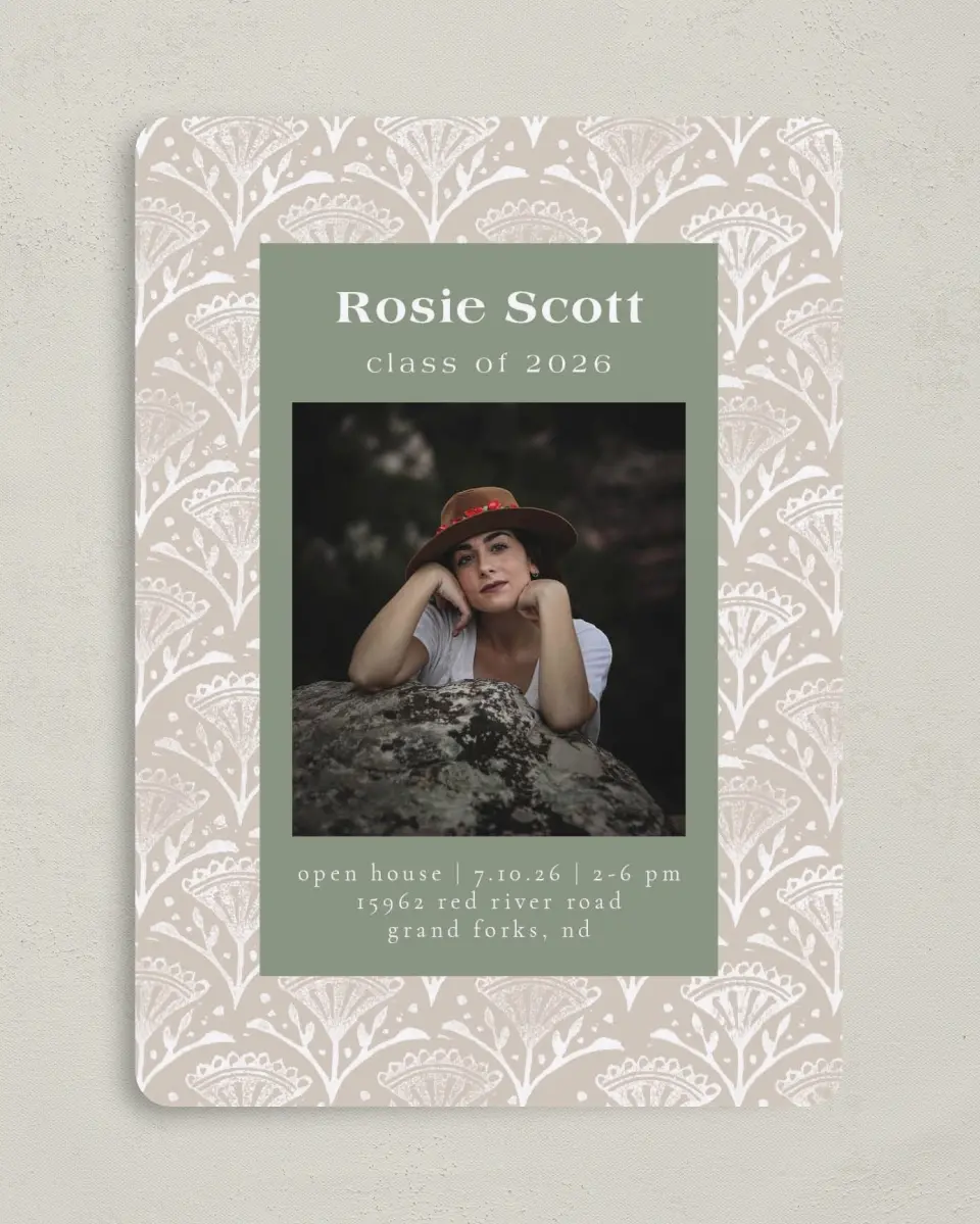 This is a 5" x 7" Graduation Announcement Card called Classy Pattern printed in full color on Premium Smooth paper