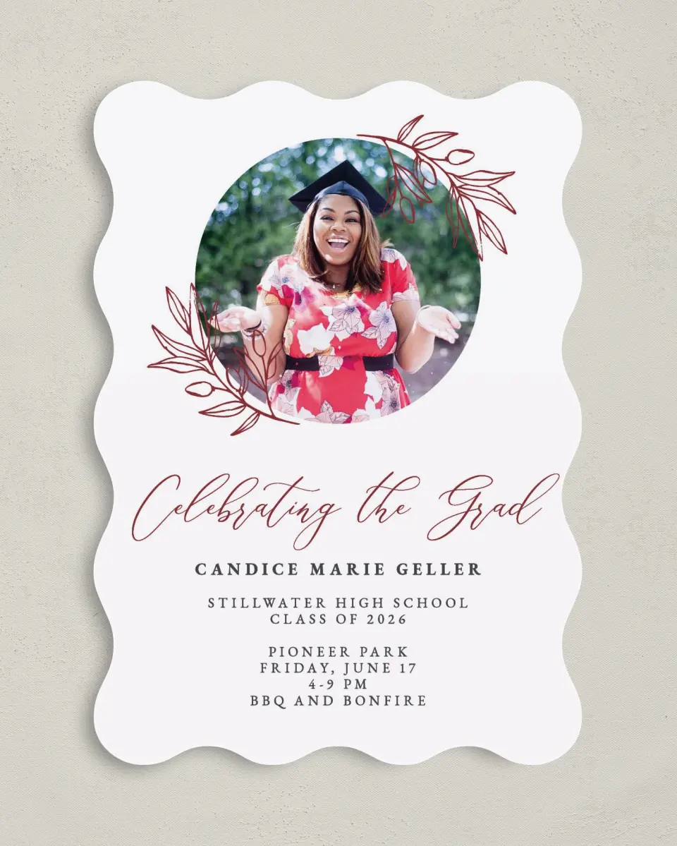 This is a 5" x 7" Graduation Announcement Card called Celebrating the Grad printed in full color with Rose Gold foil on Luxe Satin (coated) paper