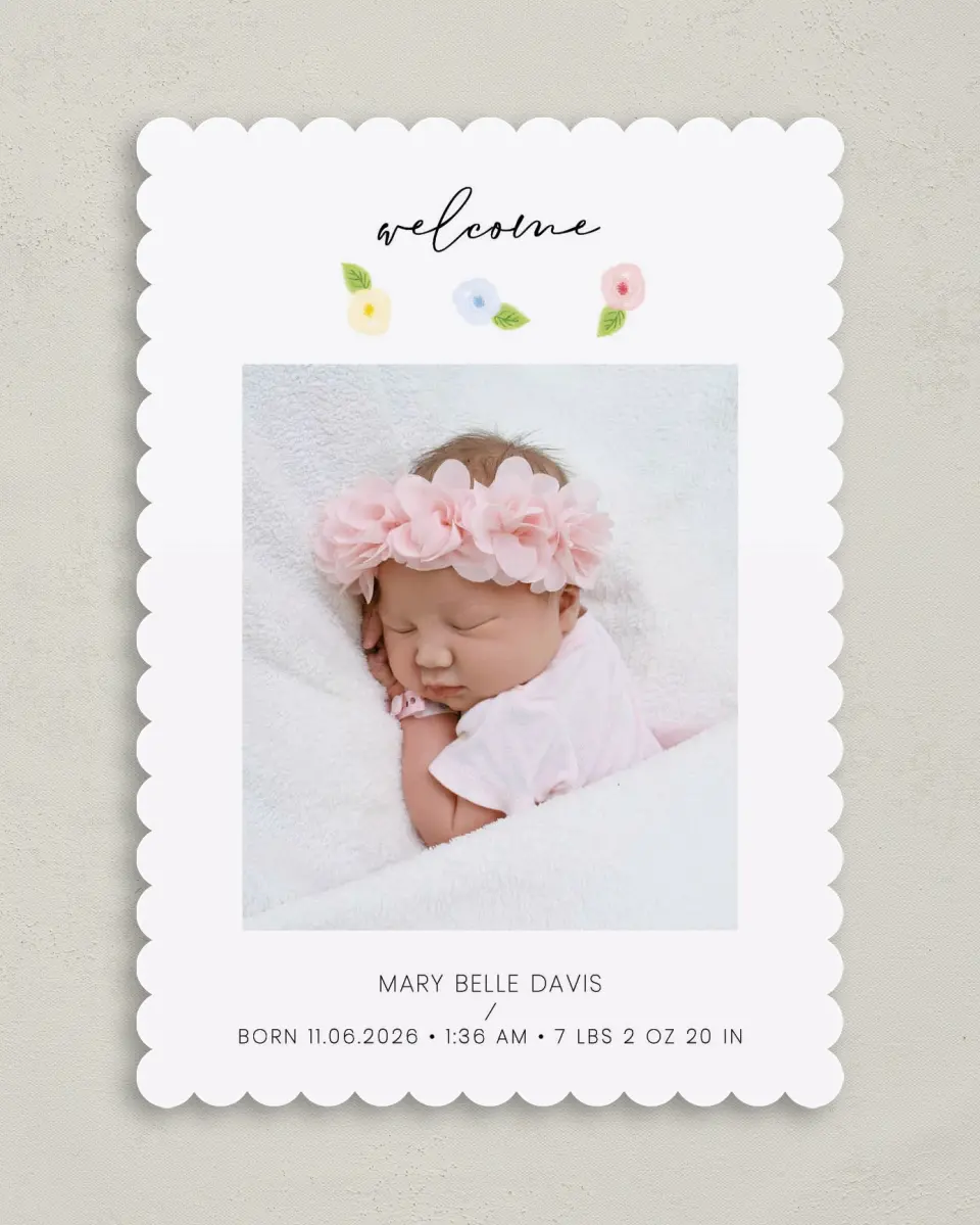 This is a 5" x 7" Birth Announcement Card called Welcome Little Flower printed in full color on Premium Smooth paper