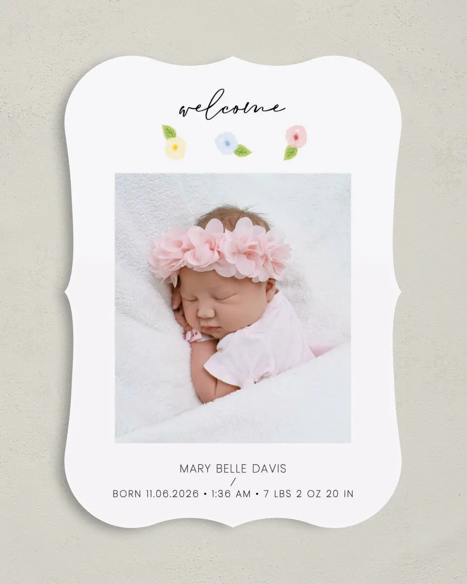 This is a 5" x 7" Birth Announcement Card called Welcome Little Flower printed in full color on Premium Smooth paper