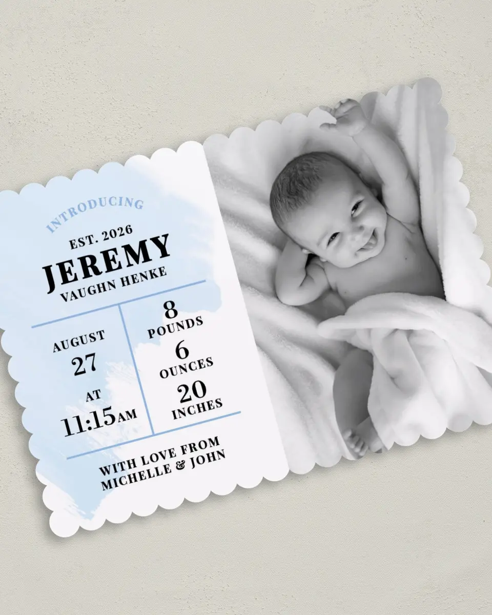 This is a 5" x 7" Birth Announcement Card called Watercolor Wash printed in full color on Premium Smooth paper