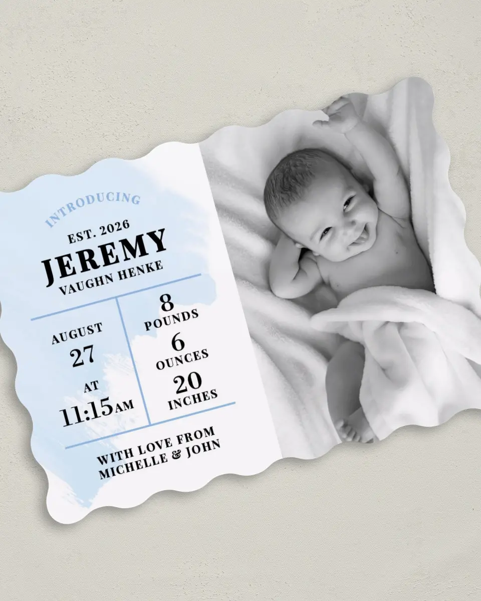 This is a 5" x 7" Birth Announcement Card called Watercolor Wash printed in full color on Premium Smooth paper