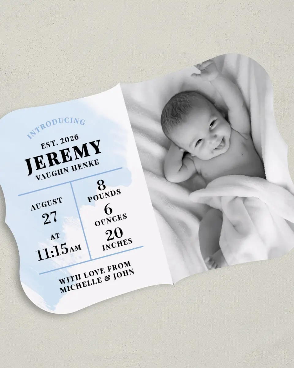 This is a 5" x 7" Birth Announcement Card called Watercolor Wash printed in full color on Premium Smooth paper