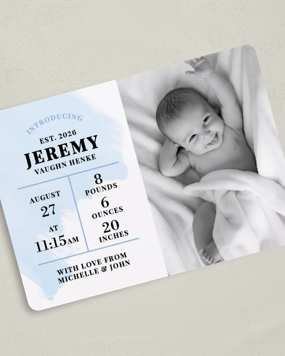 This is a 5" x 7" Birth Announcement Card called Watercolor Wash printed in full color with Silver foil on Luxe Satin (coated) paper