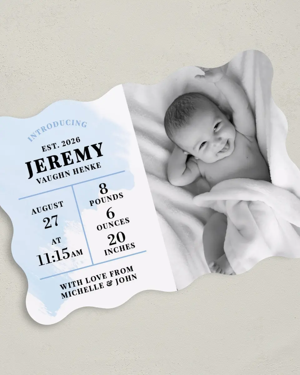 This is a 5" x 7" Birth Announcement Card called Watercolor Wash printed in full color on Premium Smooth paper
