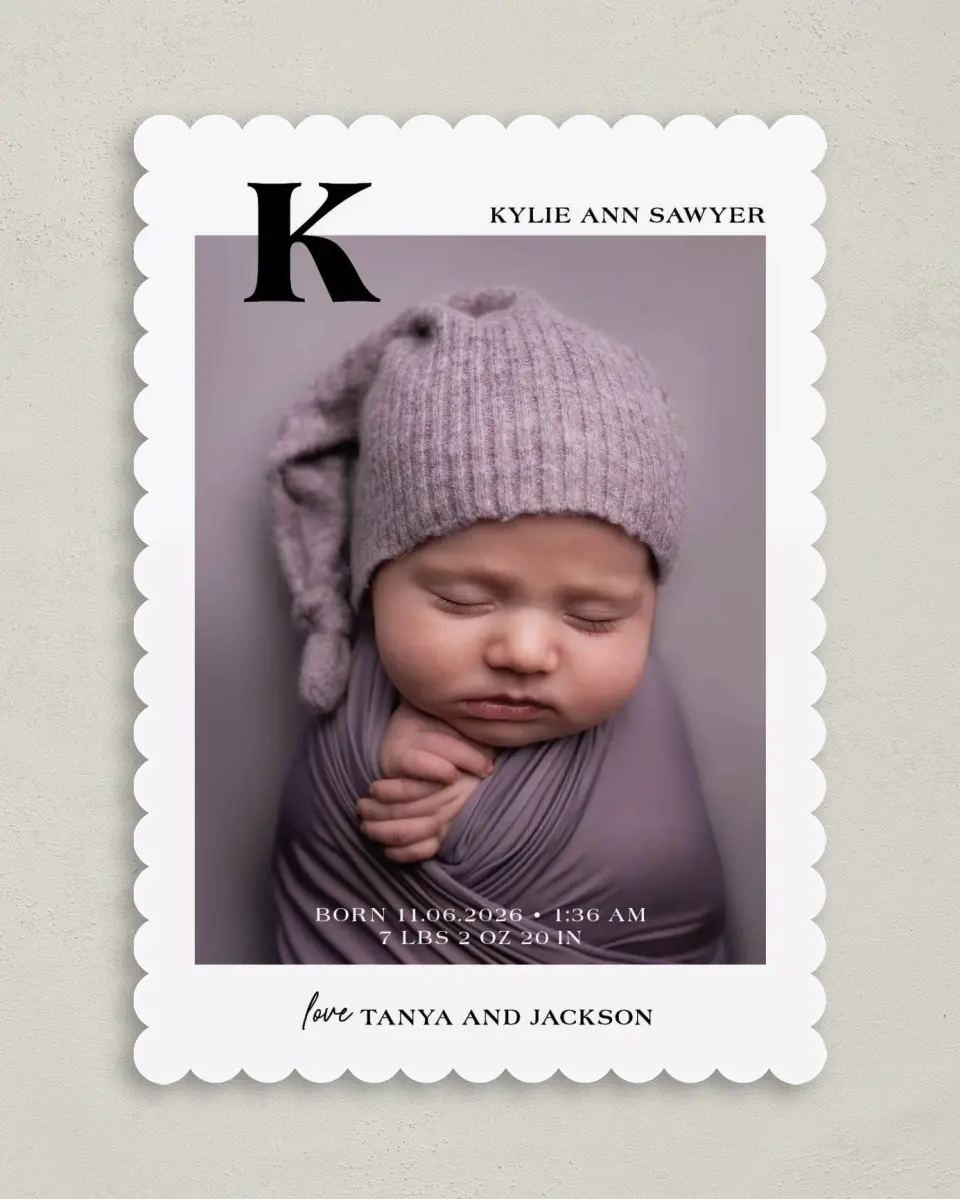 This is a 5" x 7" Birth Announcement Card called Sweet Monogram printed in full color on Premium Smooth paper