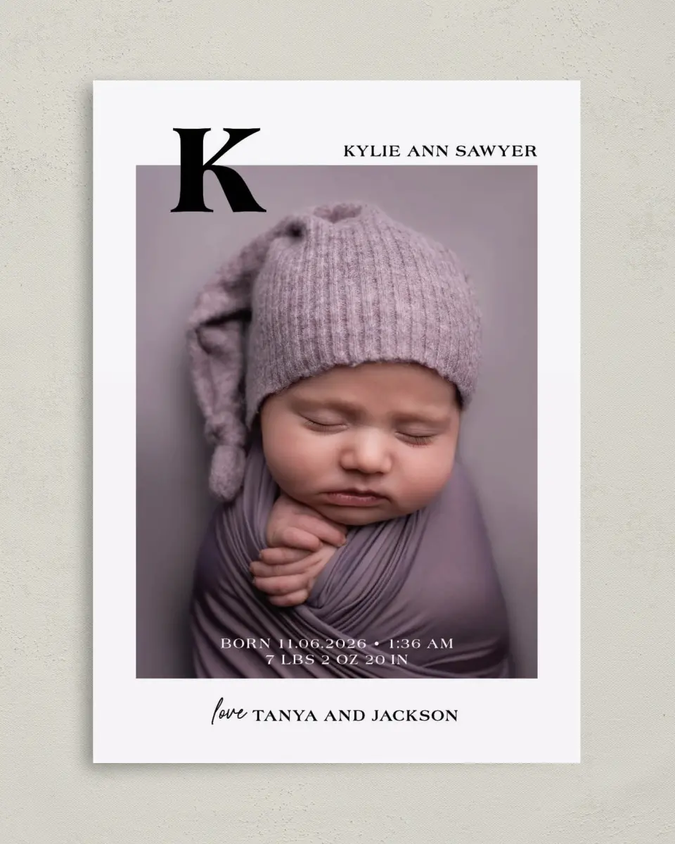 This is a 5" x 7" Birth Announcement Card called Sweet Monogram printed in full color on Premium Smooth paper