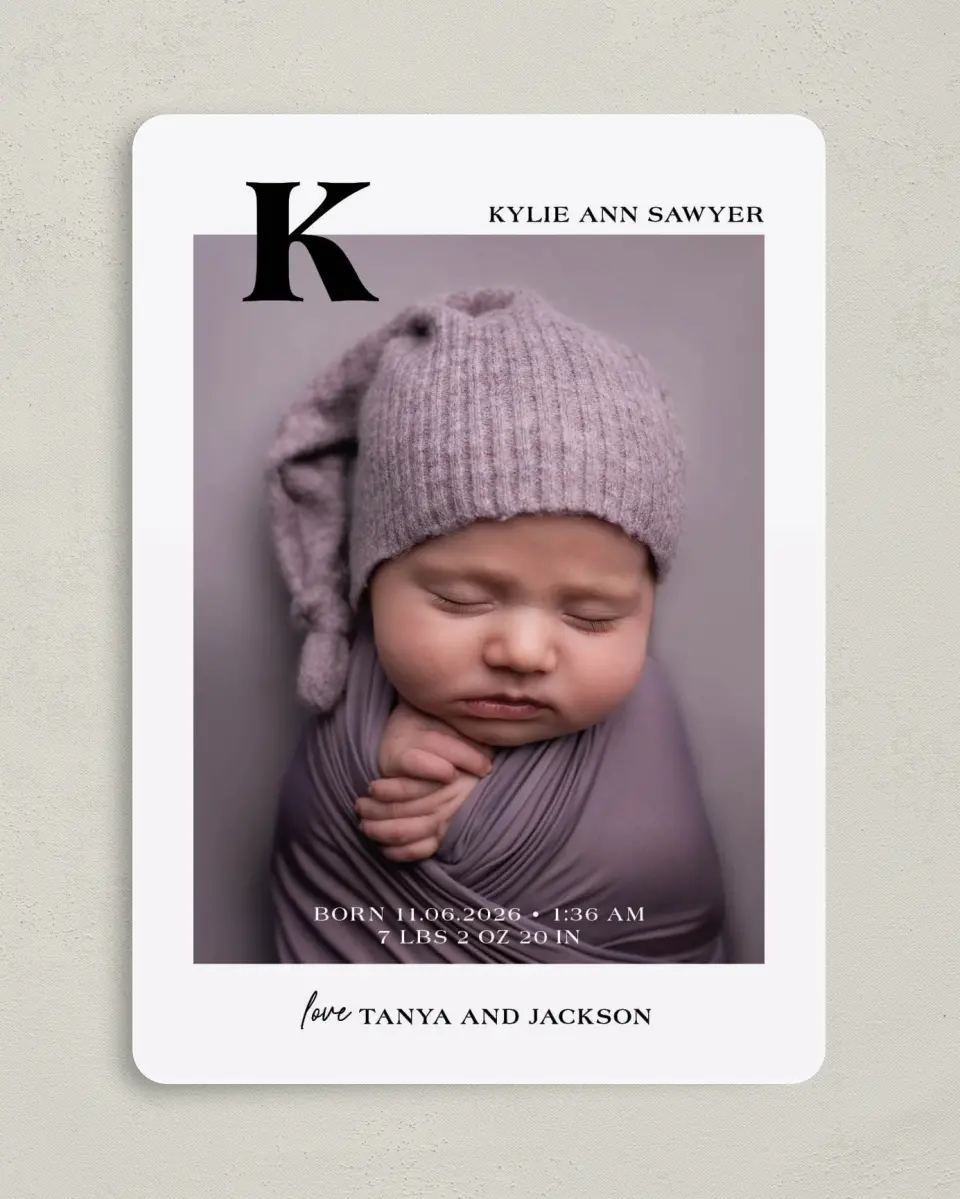This is a 5" x 7" Birth Announcement Card called Sweet Monogram printed in full color with Silver foil on Luxe Satin (coated) paper