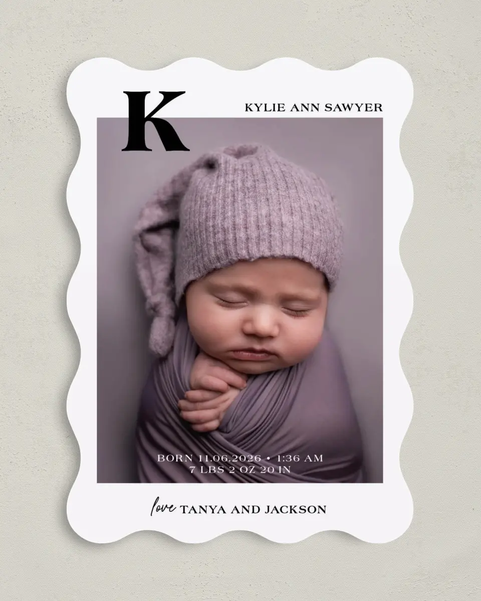 This is a 5" x 7" Birth Announcement Card called Sweet Monogram printed in full color on Premium Smooth paper