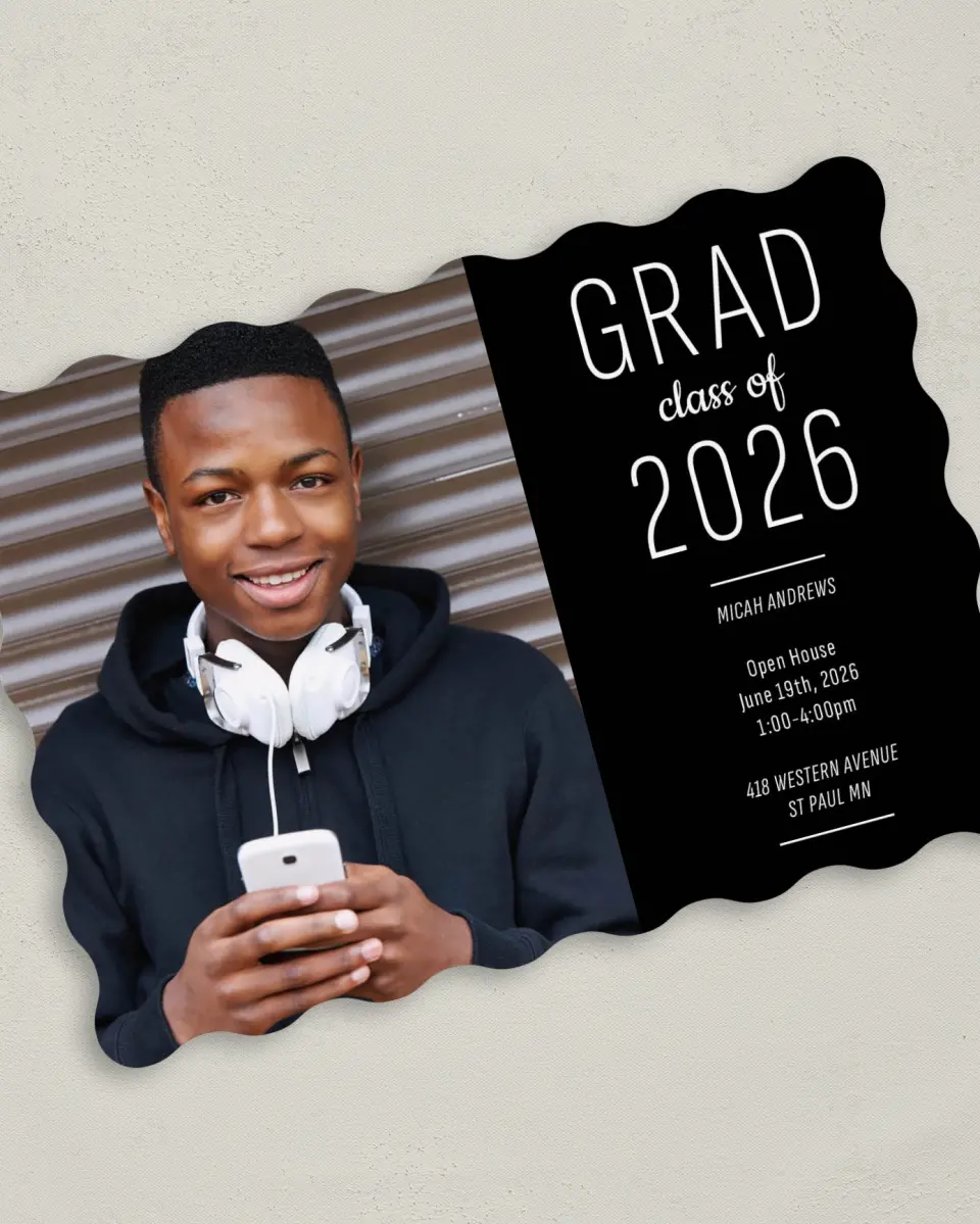 This is a 5" x 7" Graduation Announcement Card called Graduation Glow printed in full color with Rose Gold foil on Luxe Satin (coated) paper