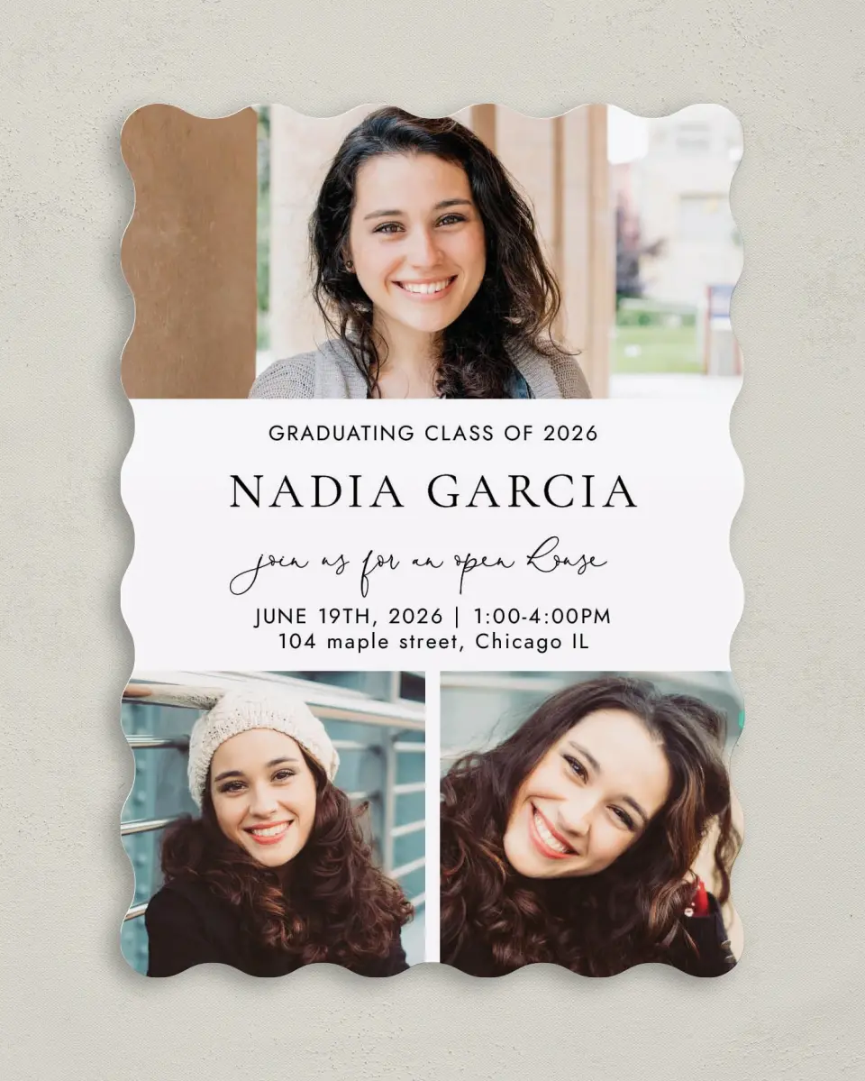 This is a 5" x 7" Graduation Announcement Card called Chic Charm printed in full color with Silver foil on Luxe Satin (coated) paper