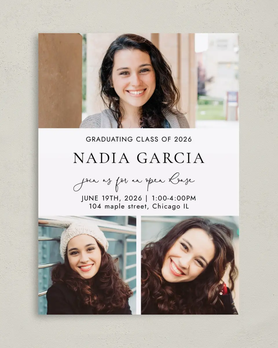 This is a 5" x 7" Graduation Announcement Card called Chic Charm printed in full color on Premium Smooth paper