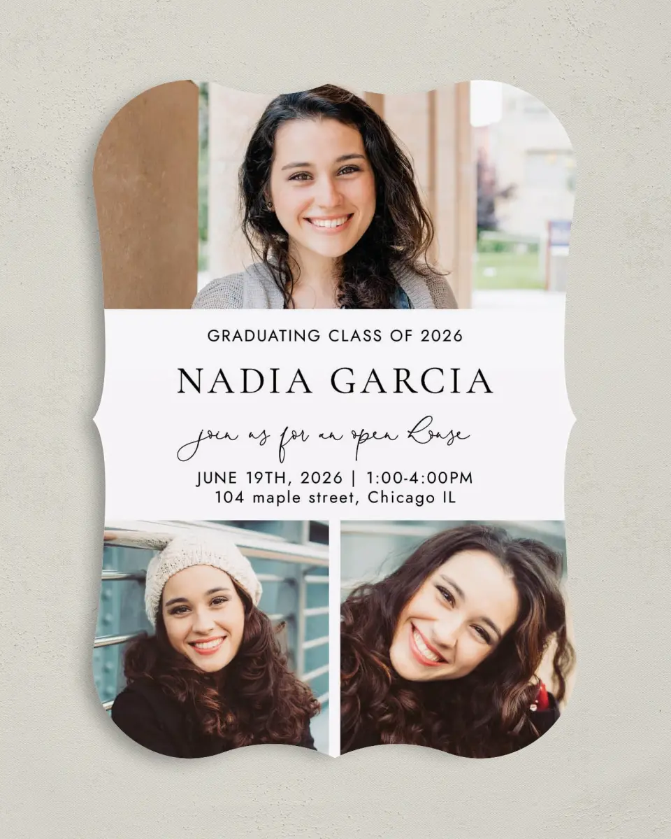 This is a 5" x 7" Graduation Announcement Card called Chic Charm printed in full color on Premium Smooth paper