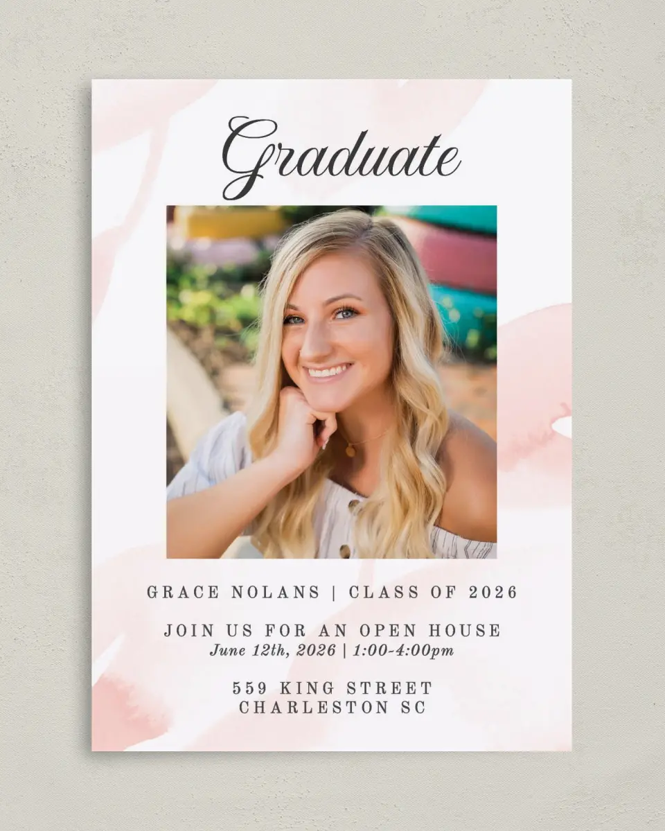 This is a 5" x 7" Graduation Announcement Card called Painted and Pretty printed in full color on Premium Smooth paper