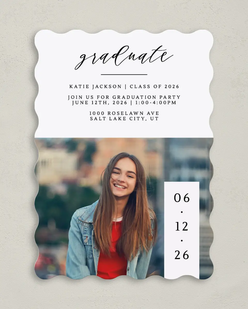 This is a 5" x 7" Graduation Announcement Card called Graduate Date printed in full color with Gold foil on Luxe Satin (coated) paper