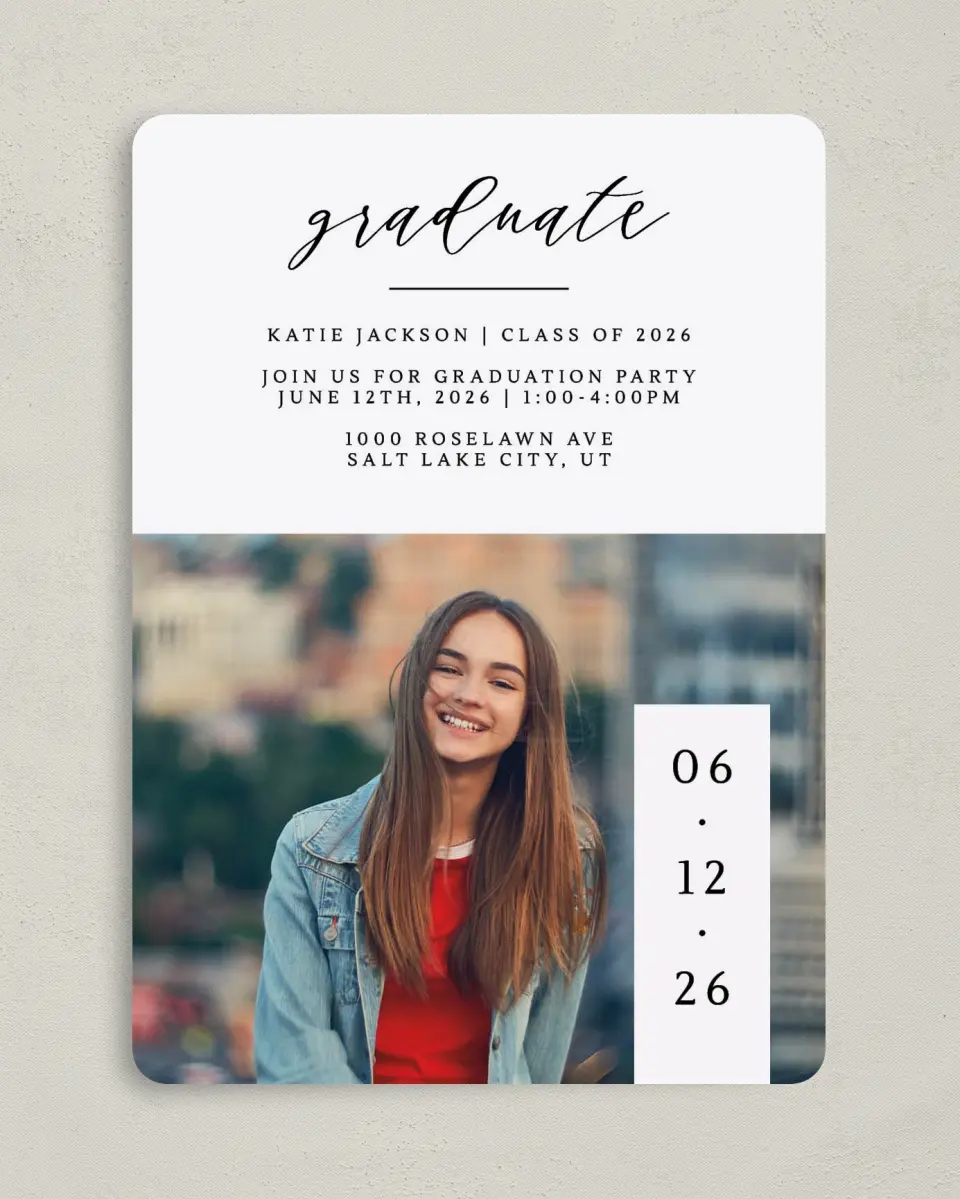 This is a 5" x 7" Graduation Announcement Card called Graduate Date printed in full color on Premium Smooth paper