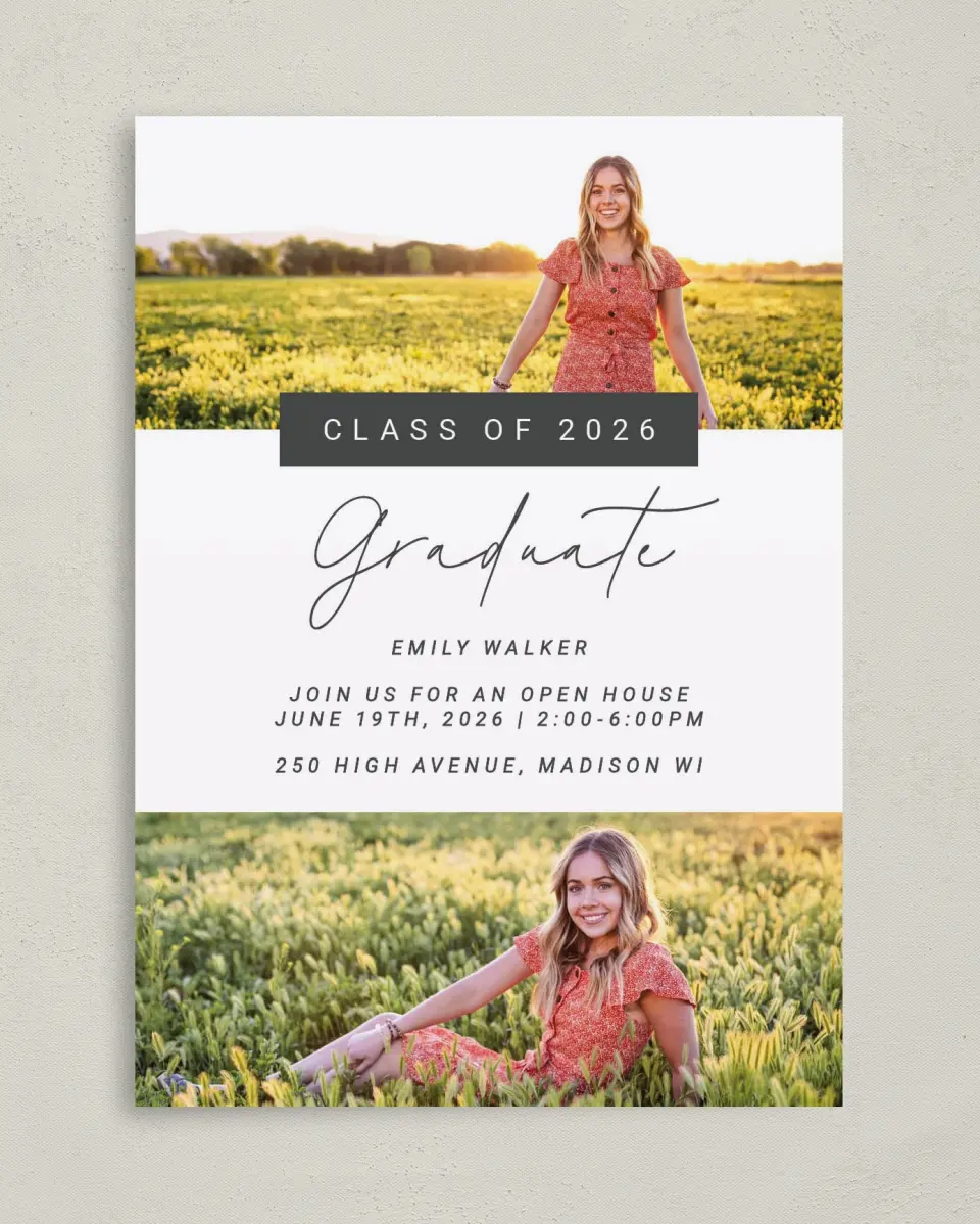 This is a 5" x 7" Graduation Announcement Card called Delightful Photos printed in full color on Premium Smooth paper