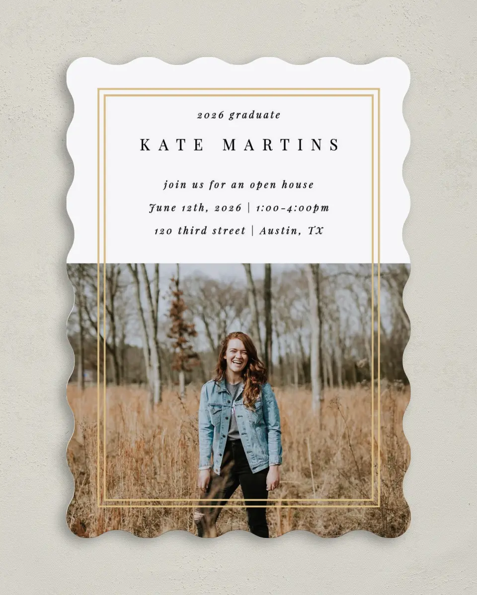 This is a 5" x 7" Graduation Announcement Card called Fine Frame printed in full color with Silver foil on Luxe Satin (coated) paper