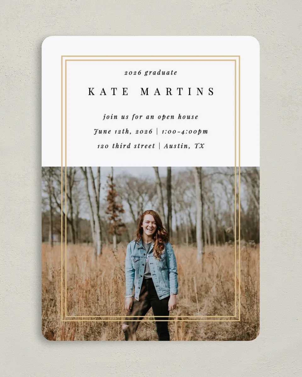This is a 5" x 7" Graduation Announcement Card called Fine Frame printed in full color on Premium Smooth paper