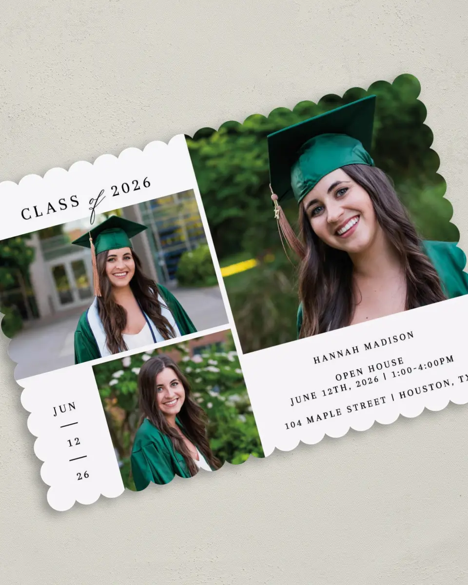 This is a 5" x 7" Graduation Announcement Card called Crisp Celebration printed in full color on Premium Smooth paper