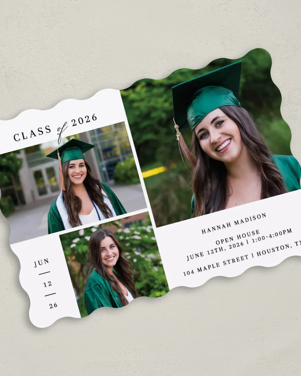 This is a 5" x 7" Graduation Announcement Card called Crisp Celebration printed in full color with Rose Gold foil on Luxe Satin (coated) paper