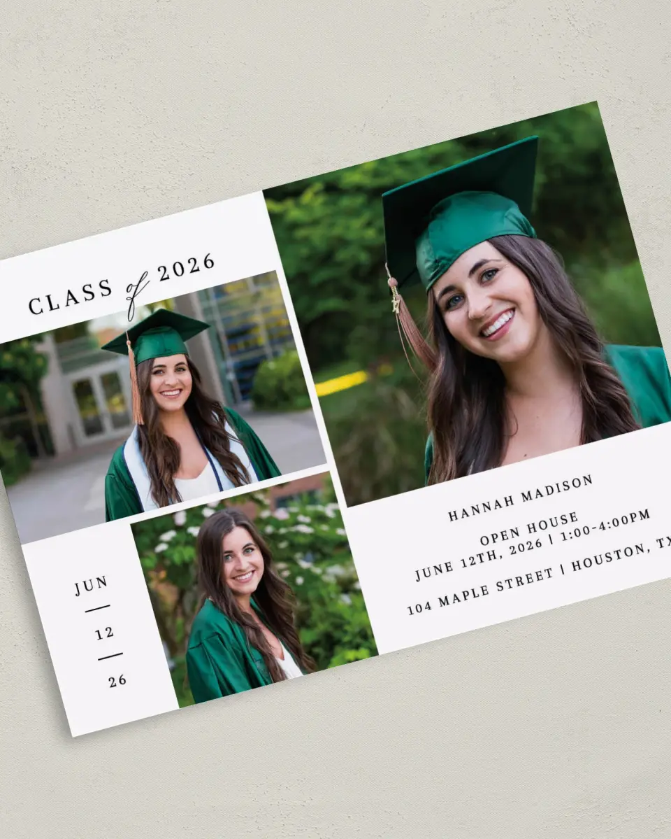 This is a 5" x 7" Graduation Announcement Card called Crisp Celebration printed in full color on Premium Smooth paper