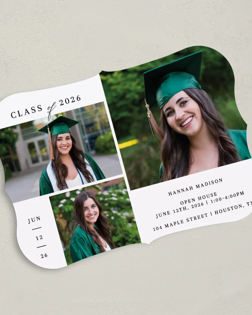 This is a 5" x 7" Graduation Announcement Card called Crisp Celebration printed in full color on Premium Smooth paper
