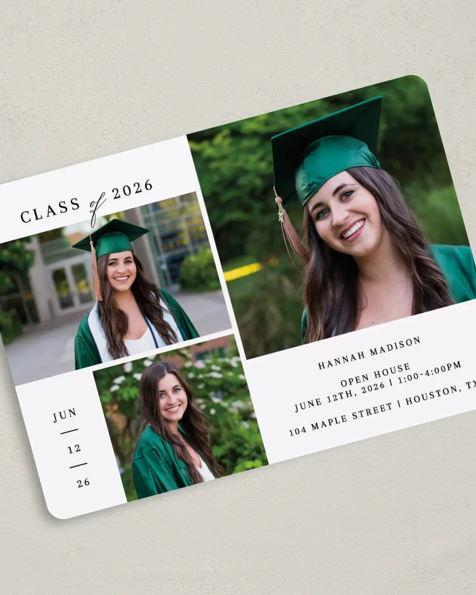 This is a 5" x 7" Graduation Announcement Card called Crisp Celebration printed in full color on Premium Smooth paper