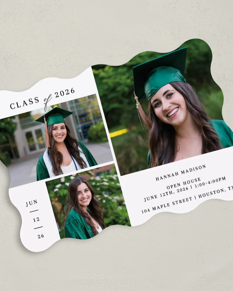 This is a 5" x 7" Graduation Announcement Card called Crisp Celebration printed in full color on Premium Smooth paper