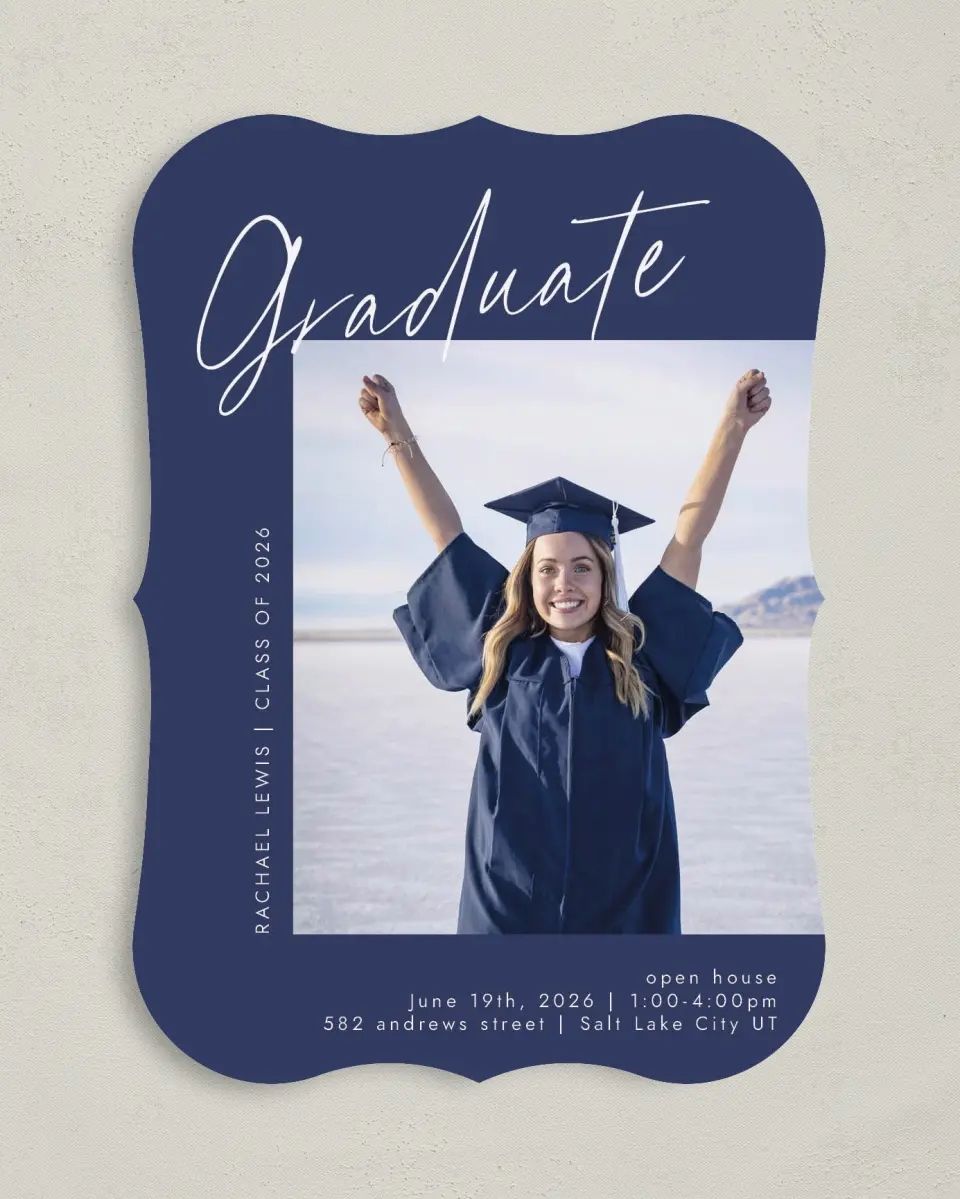 This is a 5" x 7" Graduation Announcement Card called Smart Script printed in full color on Premium Smooth paper