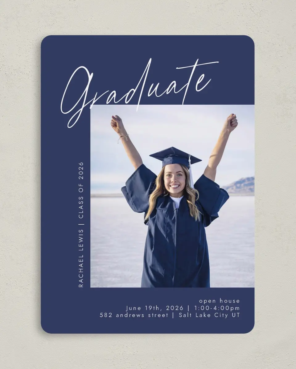 This is a 5" x 7" Graduation Announcement Card called Smart Script printed in full color on Premium Smooth paper