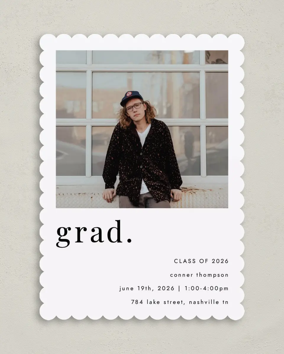 This is a 5" x 7" Graduation Announcement Card called Grad, Period printed in full color on Premium Smooth paper