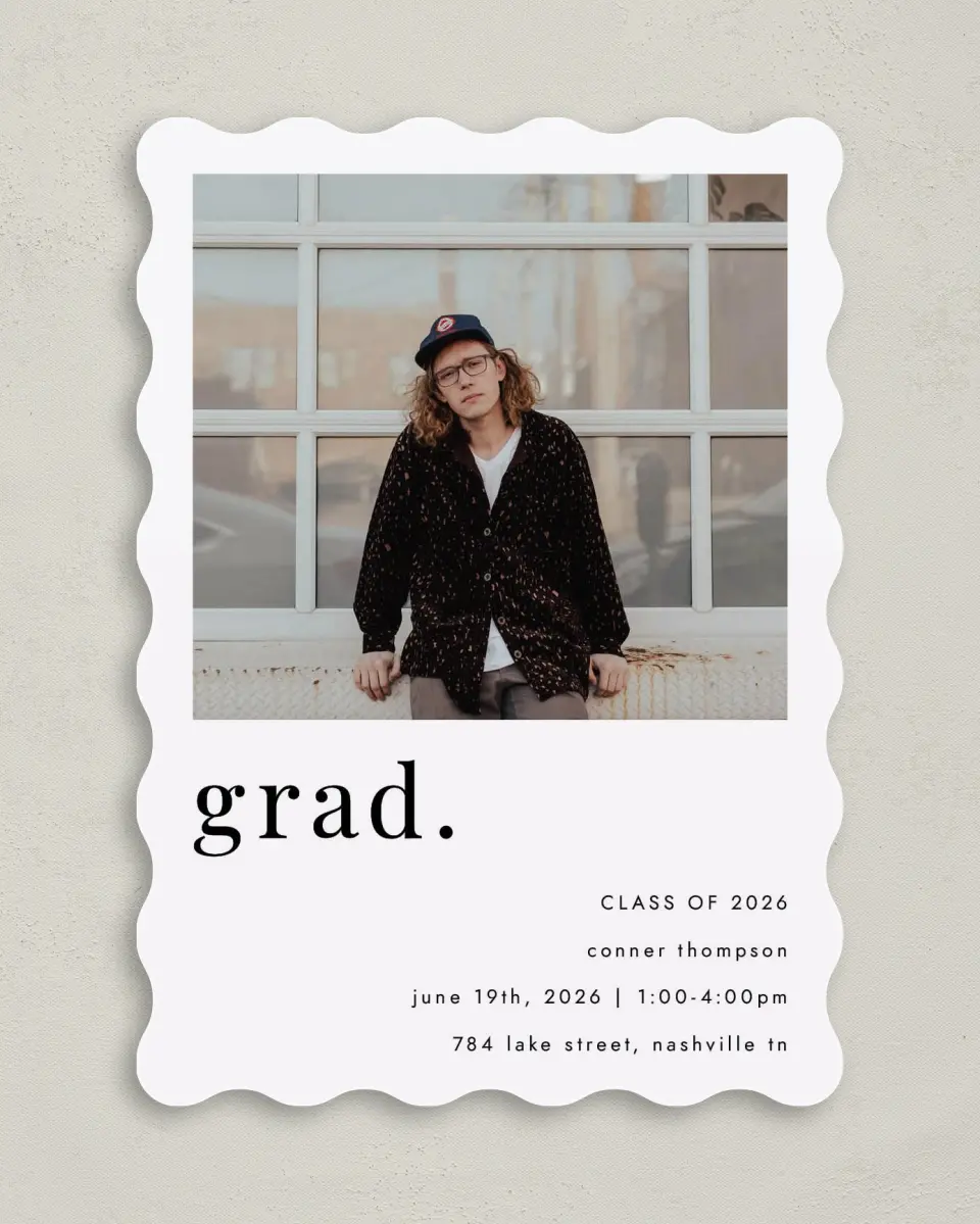 This is a 5" x 7" Graduation Announcement Card called Grad, Period printed in full color on Premium Smooth paper