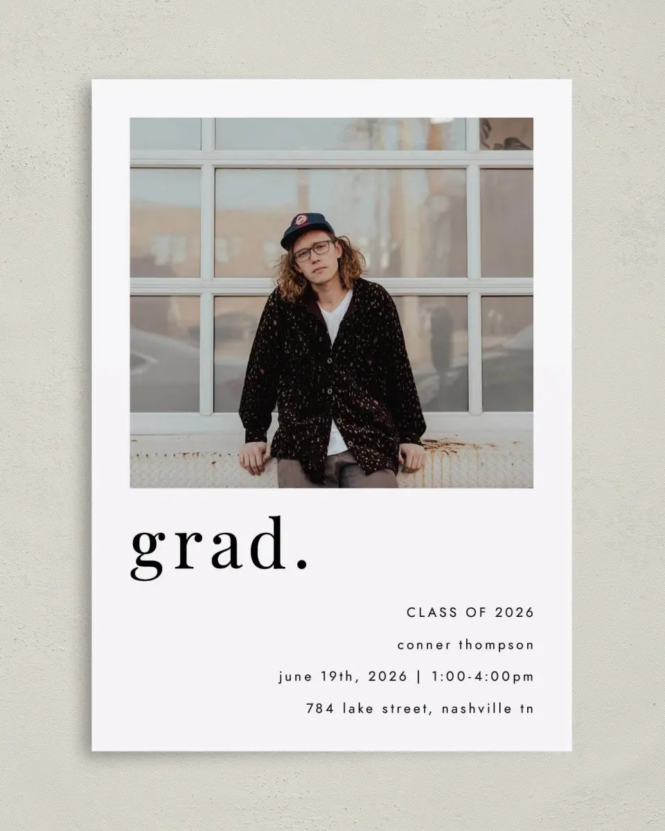 This is a 5" x 7" Graduation Announcement Card called Grad, Period printed in full color on Premium Smooth paper