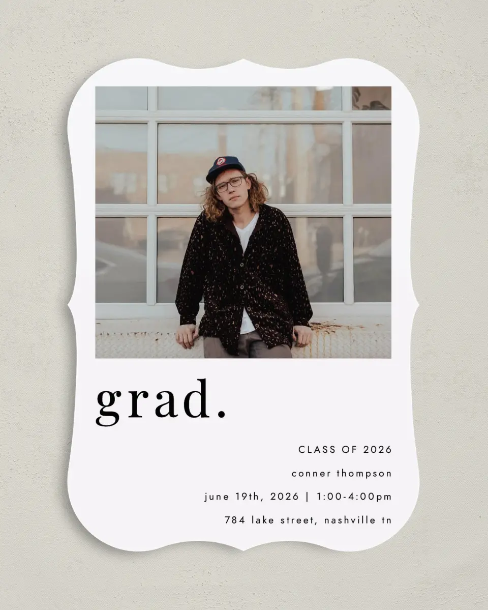 This is a 5" x 7" Graduation Announcement Card called Grad, Period printed in full color on Premium Smooth paper