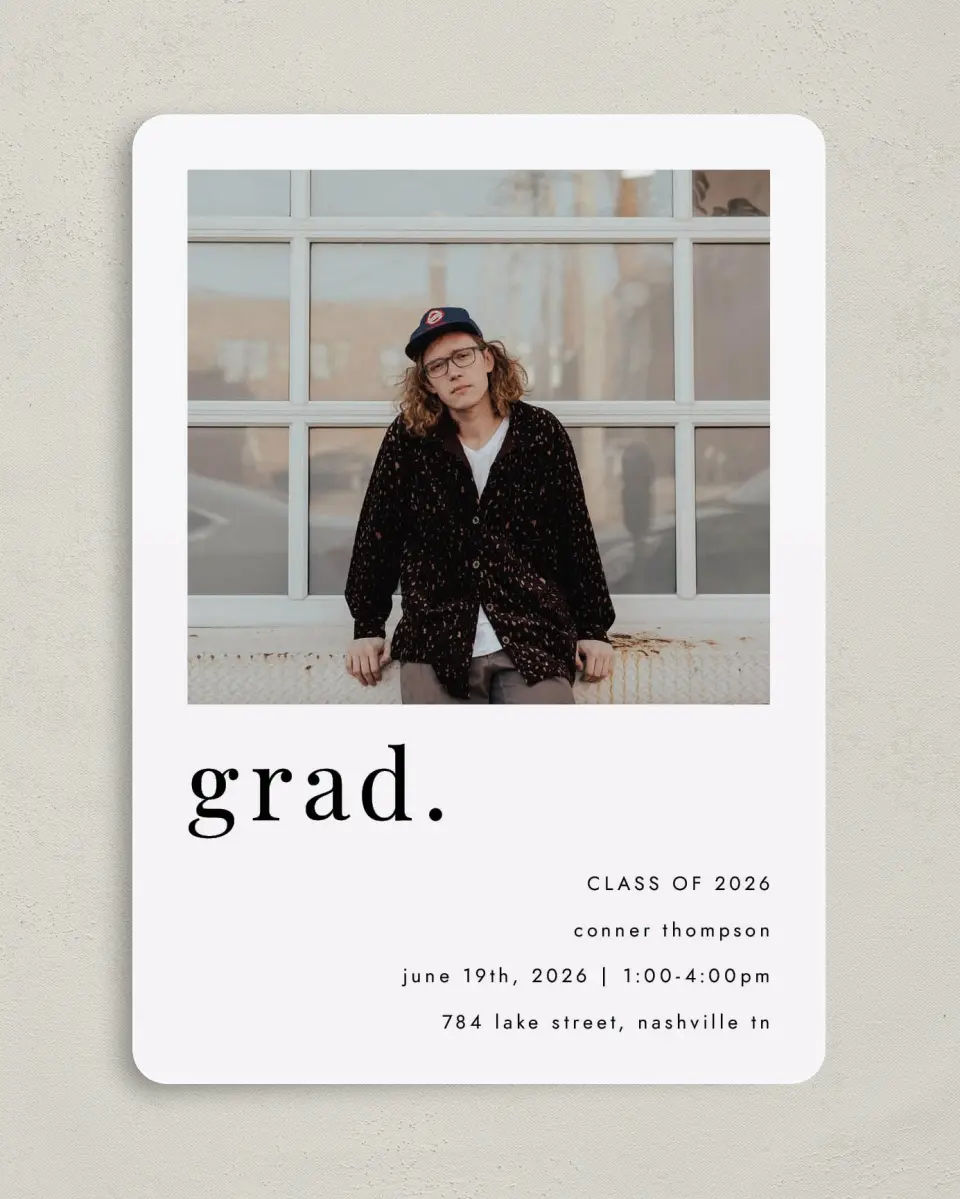 This is a 5" x 7" Graduation Announcement Card called Grad, Period printed in full color on Premium Smooth paper