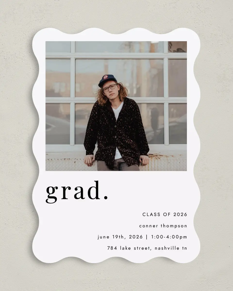 This is a 5" x 7" Graduation Announcement Card called Grad, Period printed in full color on Premium Smooth paper