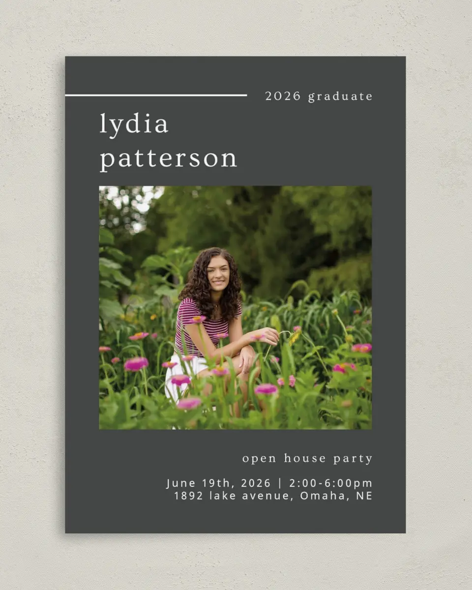 This is a 5" x 7" Graduation Announcement Card called Mild Mannered printed in full color on Premium Smooth paper