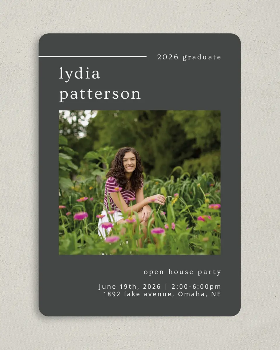 This is a 5" x 7" Graduation Announcement Card called Mild Mannered printed in full color on Premium Smooth paper