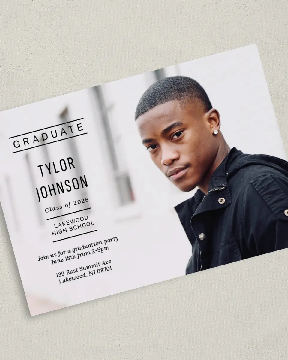 This is a 5" x 7" Graduation Announcement Card called Meet the Grad printed in full color on Premium Smooth paper