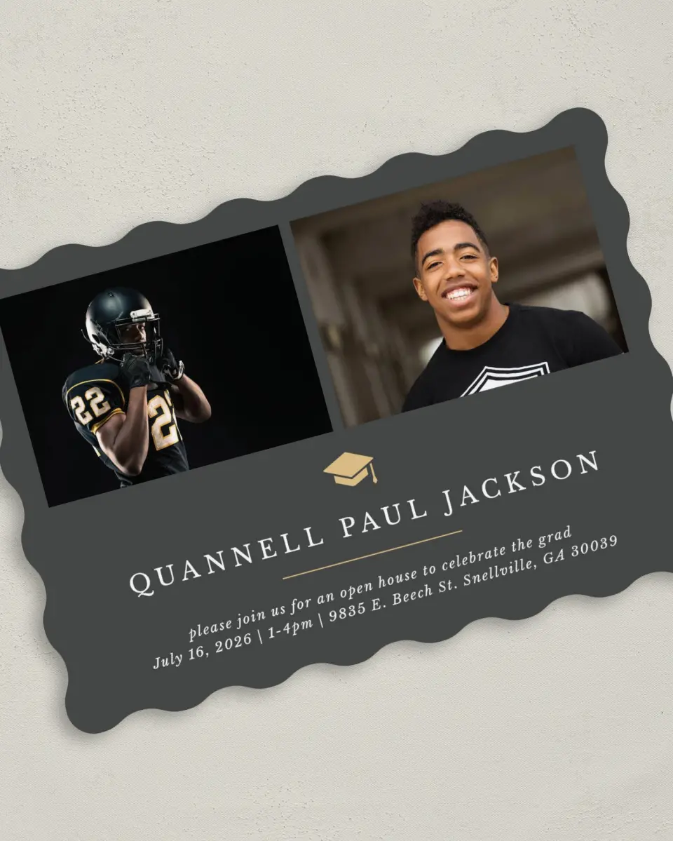 This is a 5" x 7" Graduation Announcement Card called Humble Cap printed in full color with Rose Gold foil on Luxe Satin (coated) paper